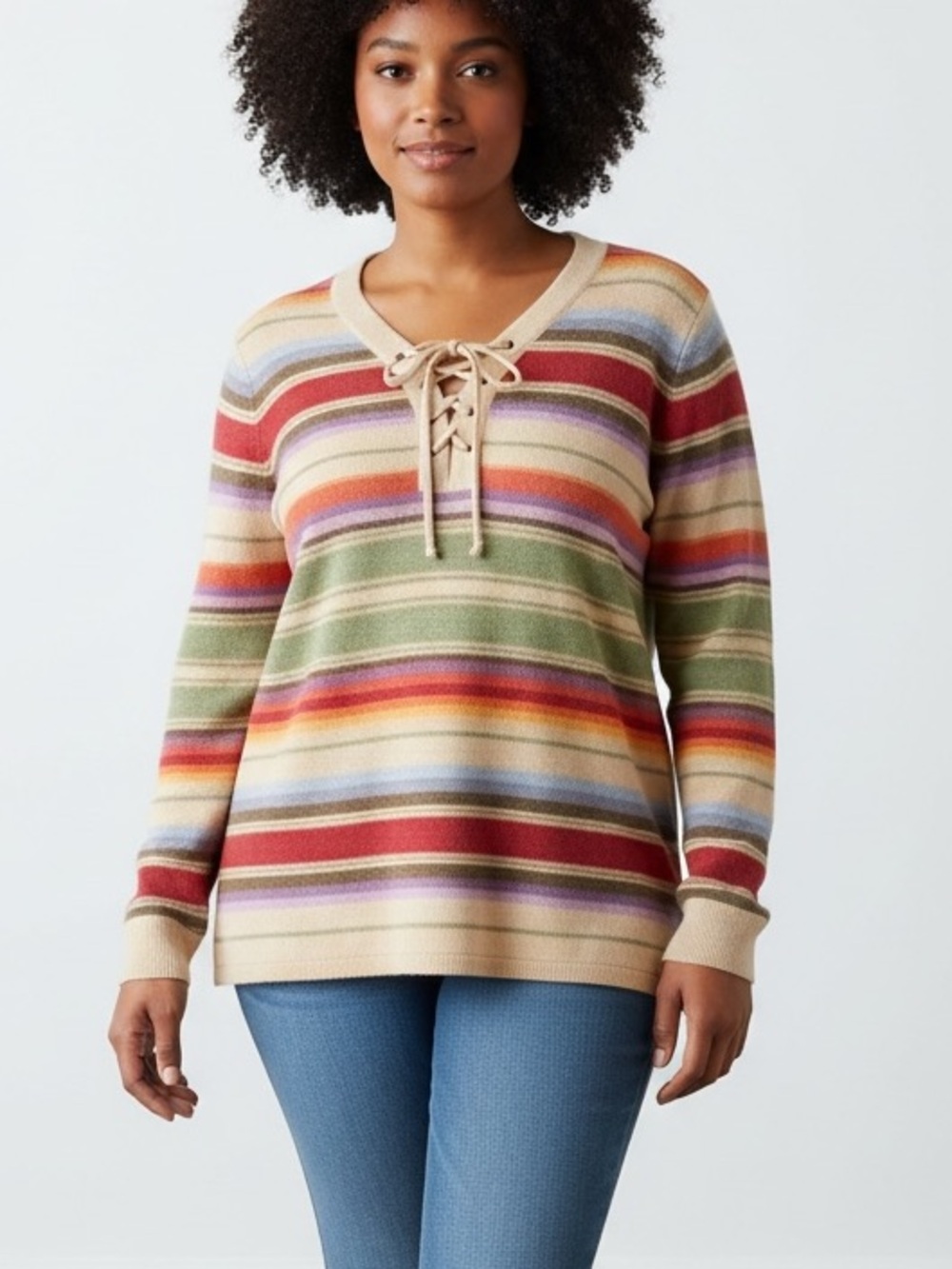 NWOT Chaps Sweater Womens 2X Multicolor Stripe Lace Up V Neck Knit Cotton Casual